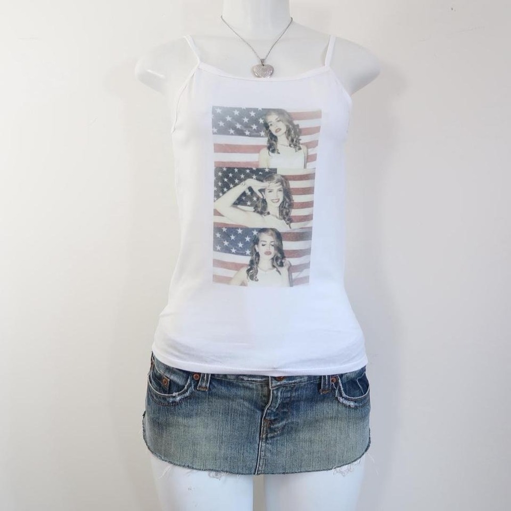 y2k lana del rey graphic cami white ribbed tank americana